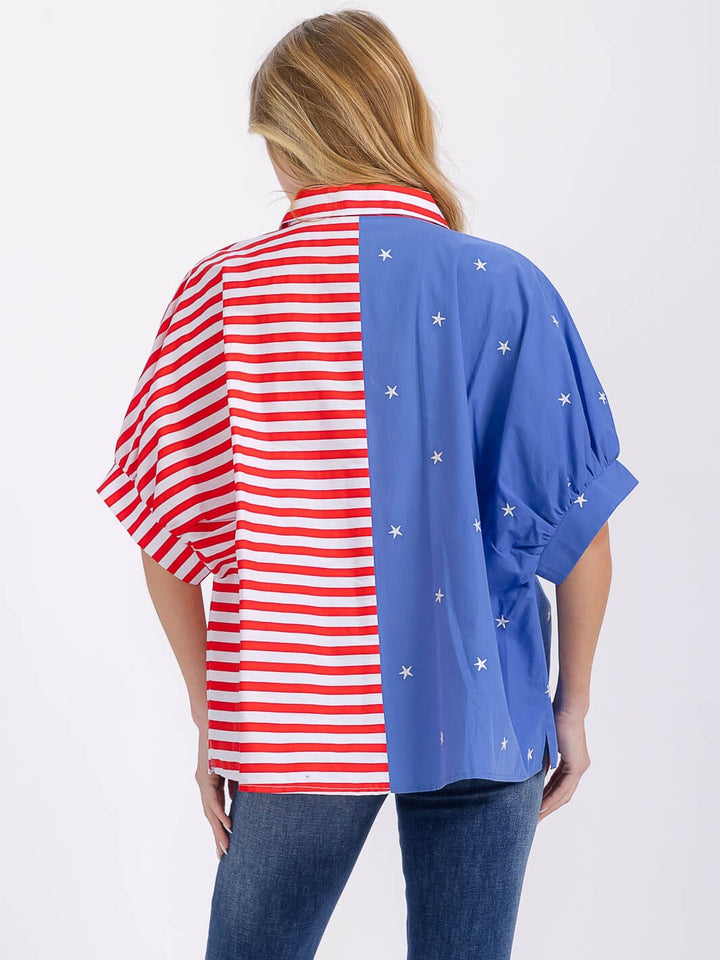WOMEN'S SHORT SLEEVE BUTTON UP COLORBLOCK AMERICAN FLAG SHIRT