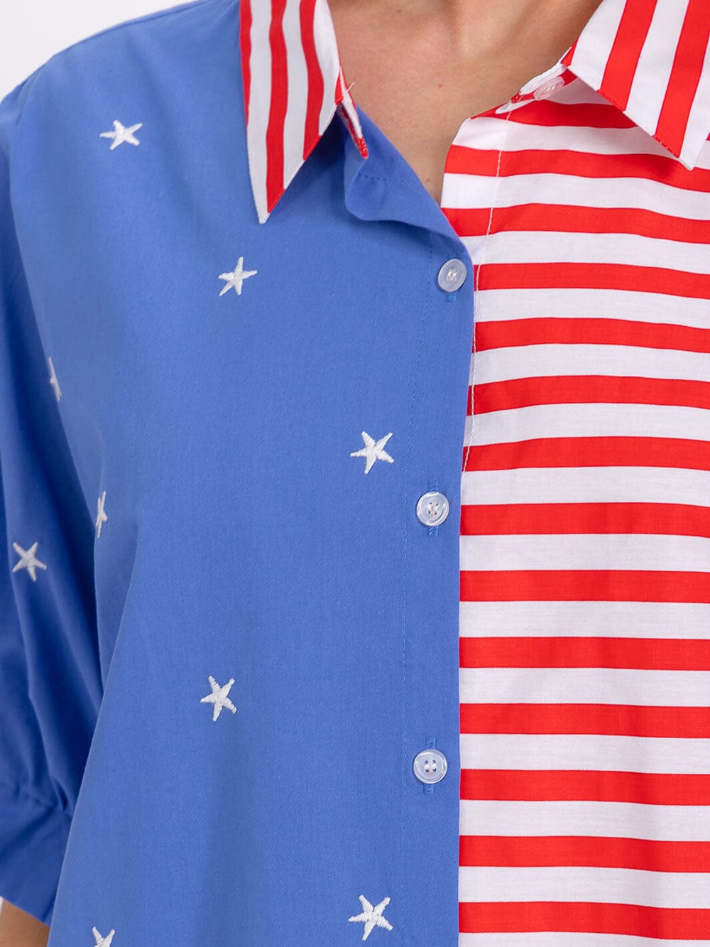 WOMEN'S SHORT SLEEVE BUTTON UP COLORBLOCK AMERICAN FLAG SHIRT