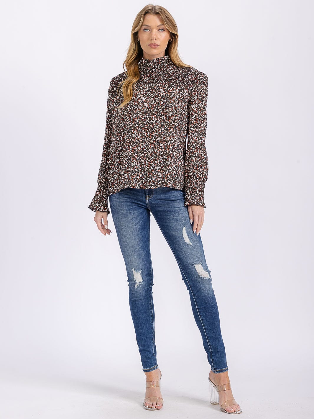WOMEN'S LONG SLEEVE MOCK NECK FLORAL BLOUSE