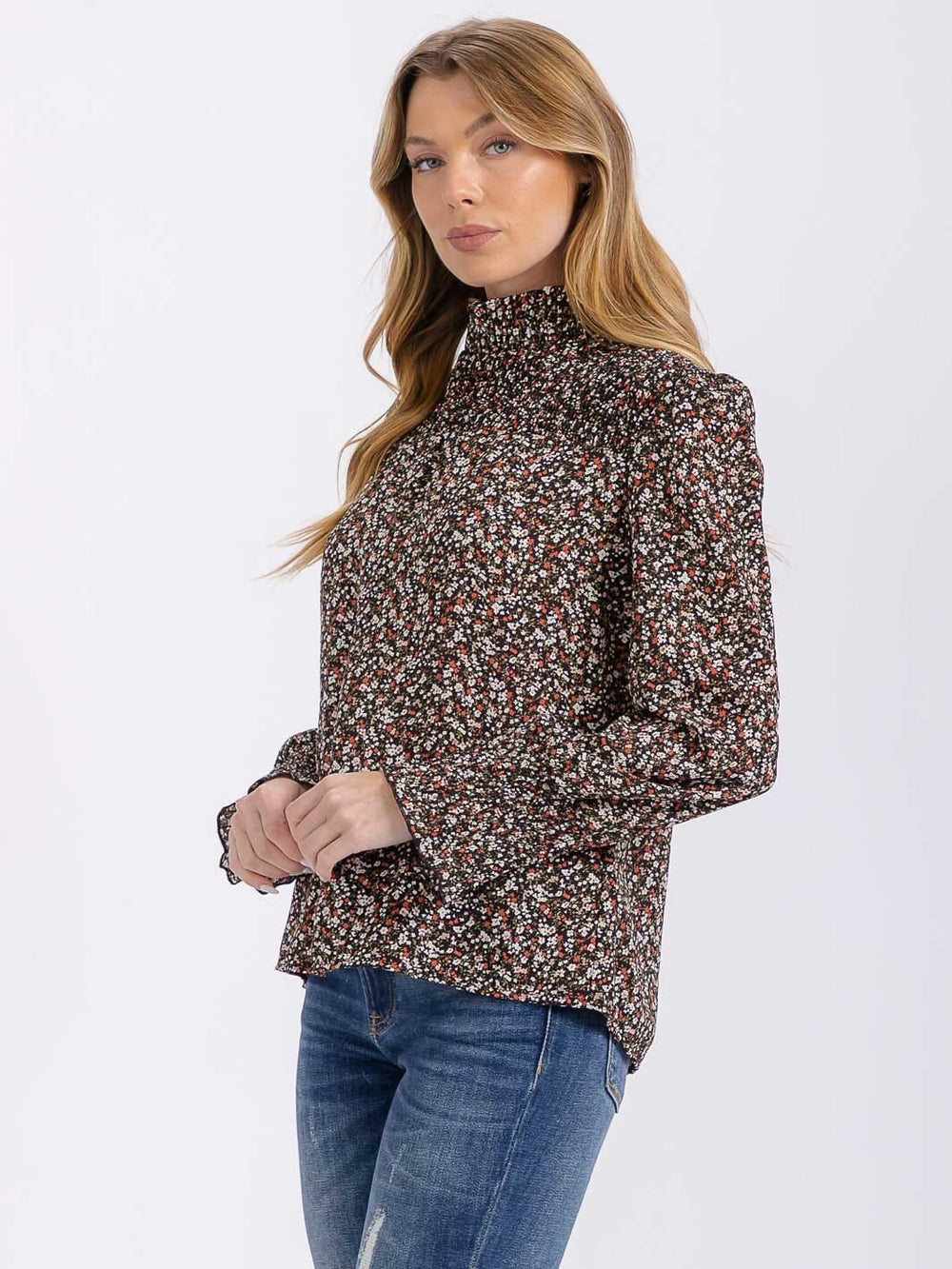 WOMEN'S LONG SLEEVE MOCK NECK FLORAL BLOUSE