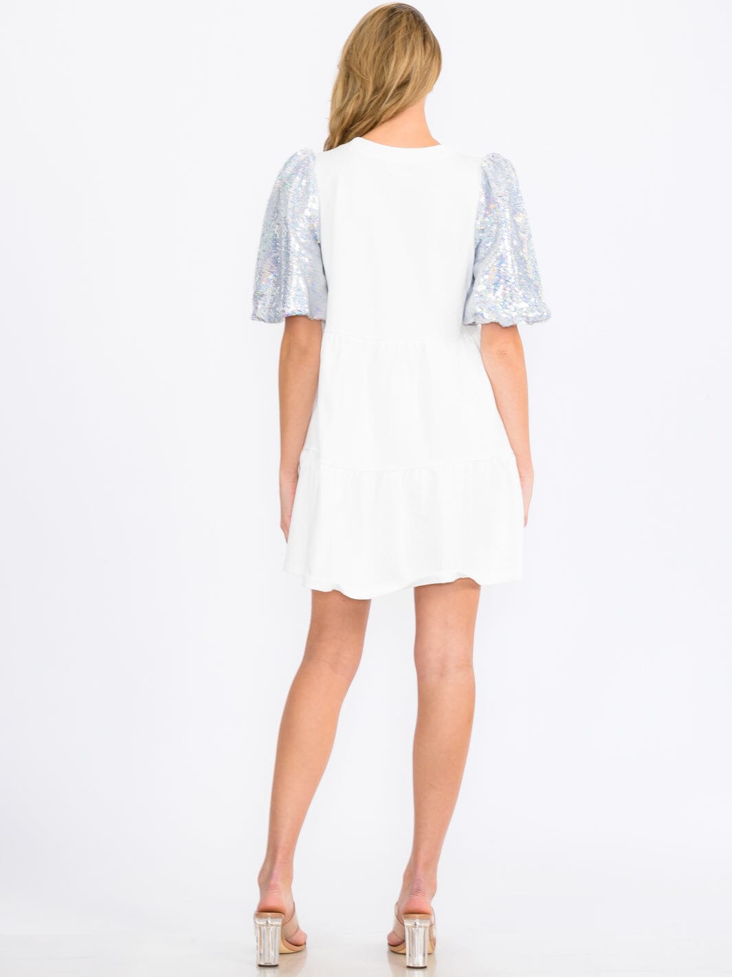 WOMEN'S SHORT SEQUINS SLEEVES TIERED POCKETS TUNIC MINI DRESS