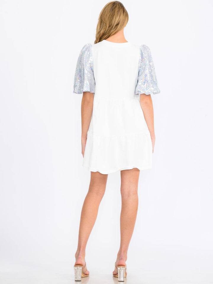 WOMEN'S SHORT SEQUINS SLEEVES TIERED POCKETS TUNIC MINI DRESS