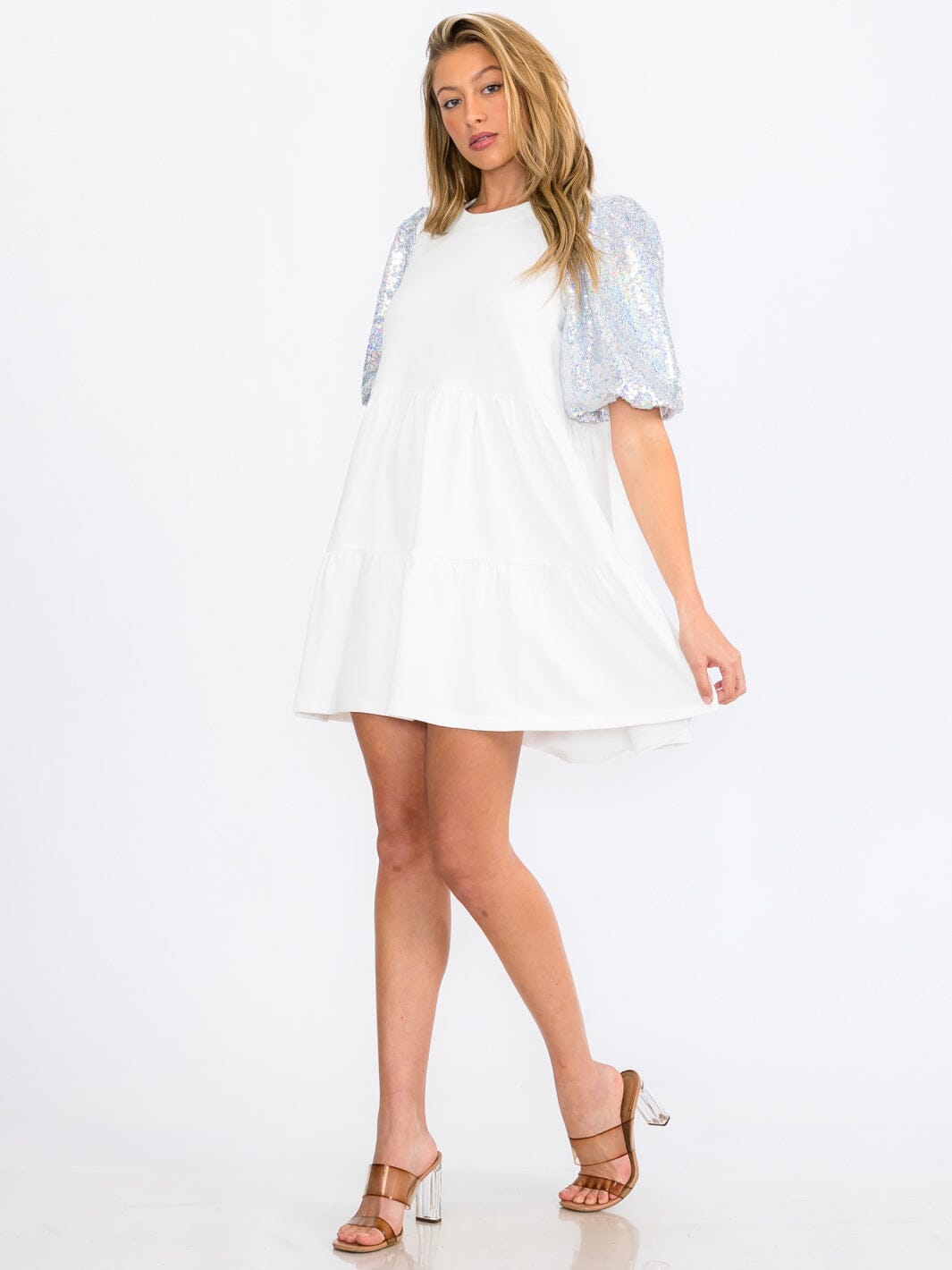 WOMEN'S SHORT SEQUINS SLEEVES TIERED POCKETS TUNIC MINI DRESS