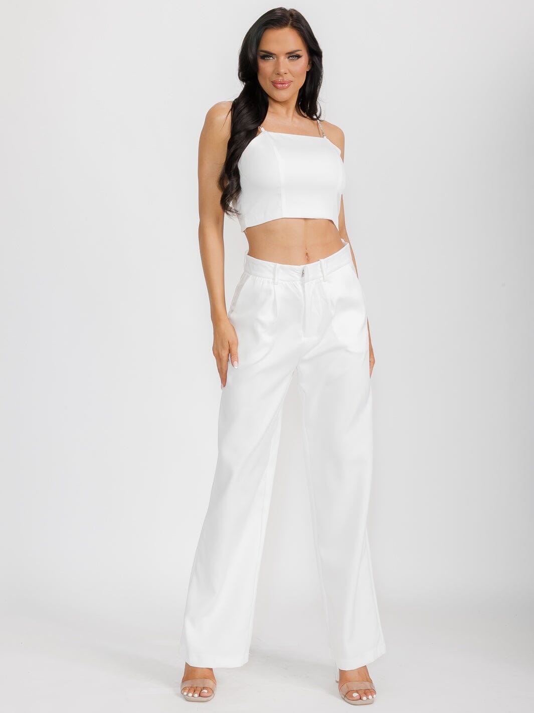 WOMEN'S SLEEVELESS CROP TOP & BUTTON CLOSURE PANTS SATIN 2PC. SET
