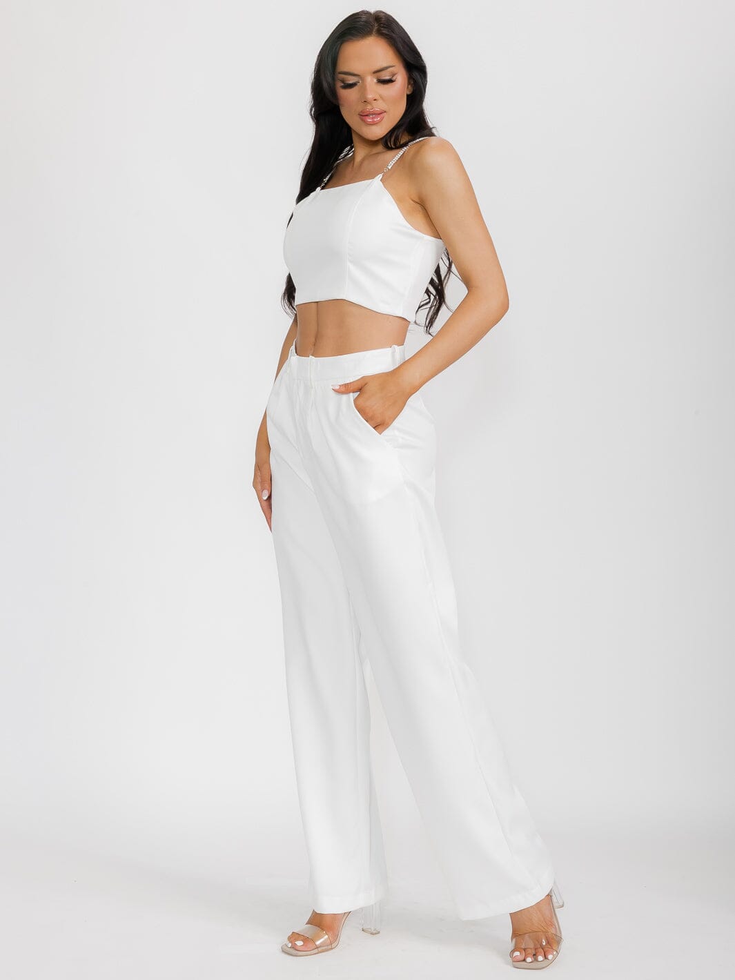 WOMEN'S SLEEVELESS CROP TOP & BUTTON CLOSURE PANTS SATIN 2PC. SET