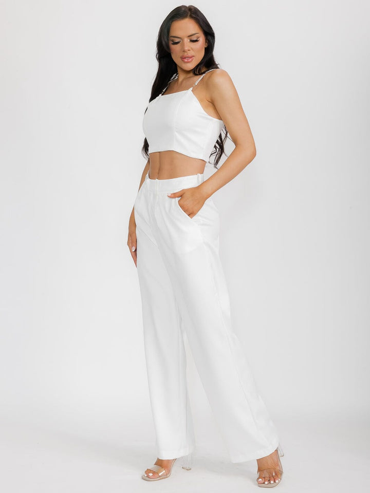 WOMEN'S SLEEVELESS CROP TOP & BUTTON CLOSURE PANTS SATIN 2PC. SET