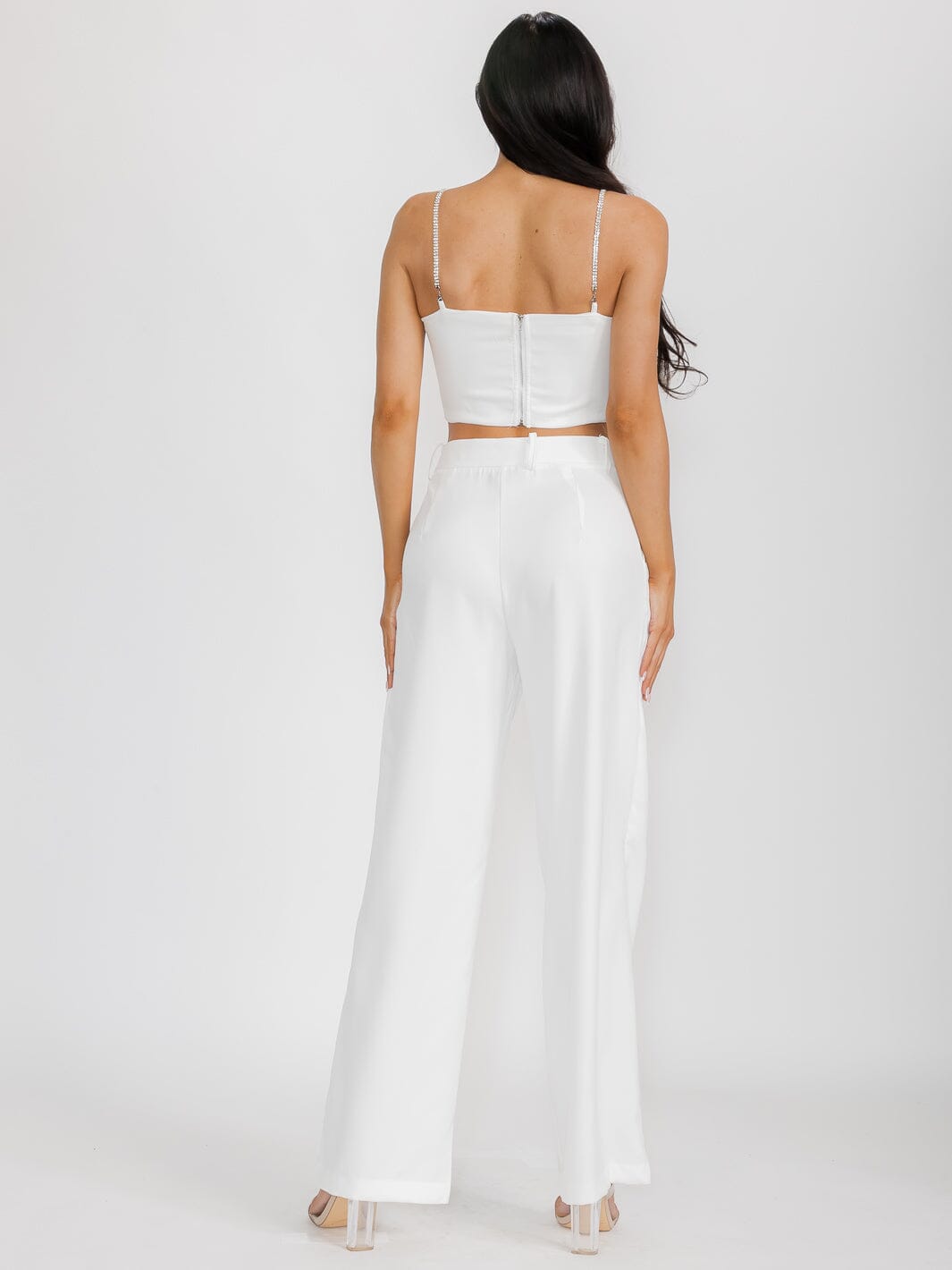 WOMEN'S SLEEVELESS CROP TOP & BUTTON CLOSURE PANTS SATIN 2PC. SET