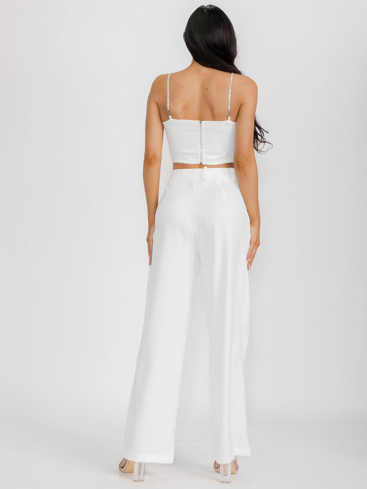WOMEN'S SLEEVELESS CROP TOP & BUTTON CLOSURE PANTS SATIN 2PC. SET