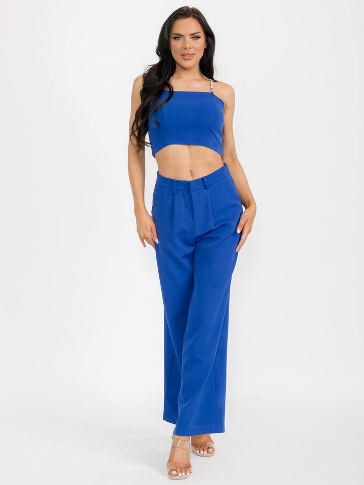 WOMEN'S SLEEVELESS CROP TOP & BUTTON CLOSURE PANTS SATIN 2PC. SET