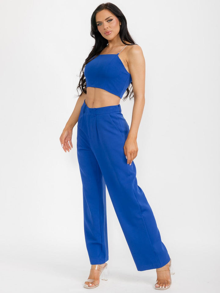 WOMEN'S SLEEVELESS CROP TOP & BUTTON CLOSURE PANTS SATIN 2PC. SET
