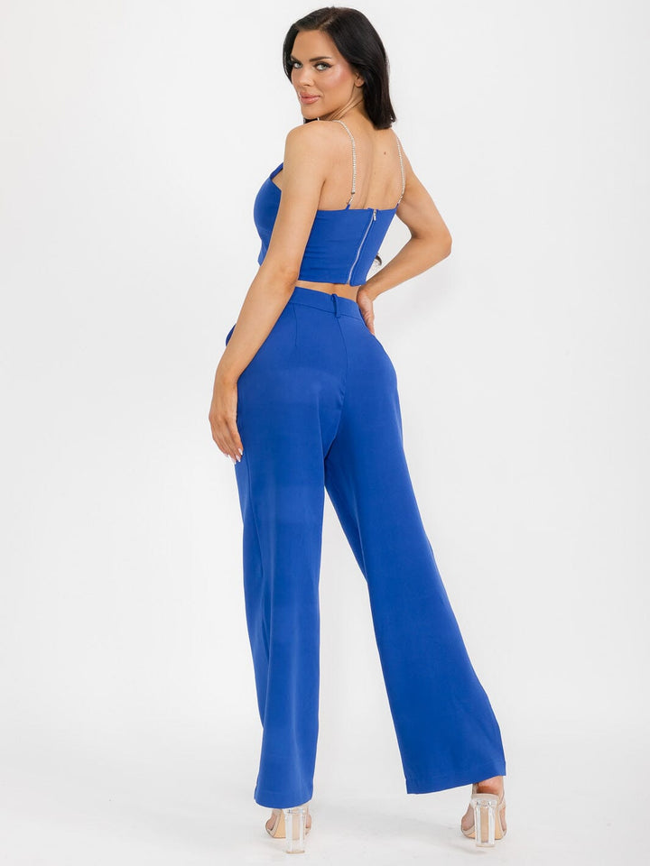 WOMEN'S SLEEVELESS CROP TOP & BUTTON CLOSURE PANTS SATIN 2PC. SET