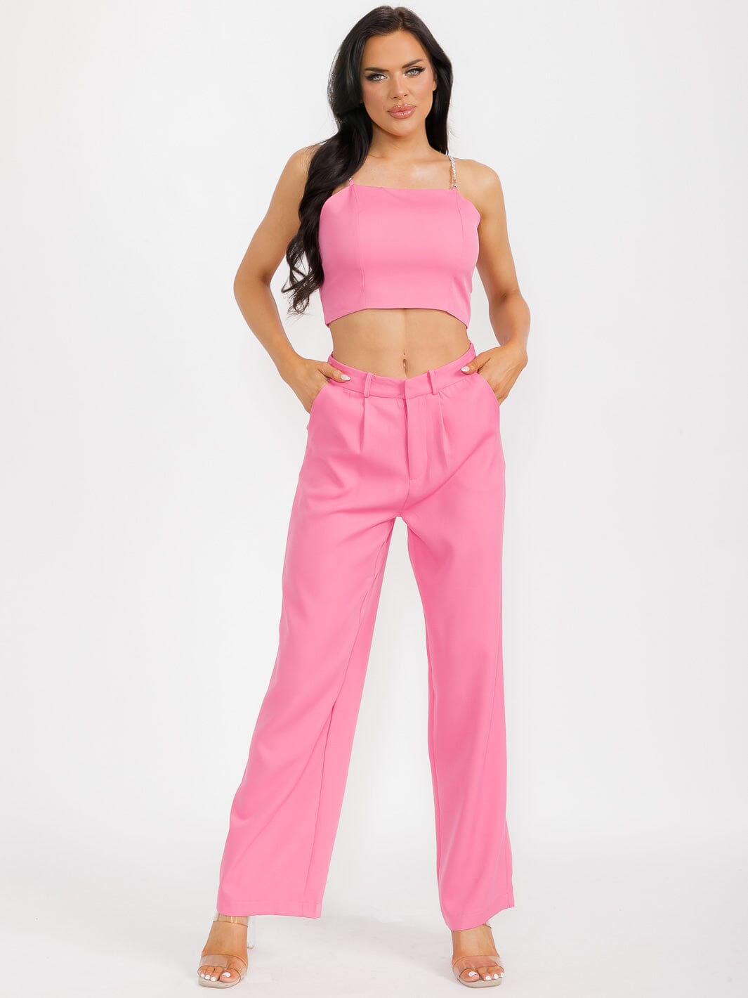 WOMEN'S SLEEVELESS CROP TOP & BUTTON CLOSURE PANTS SATIN 2PC. SET