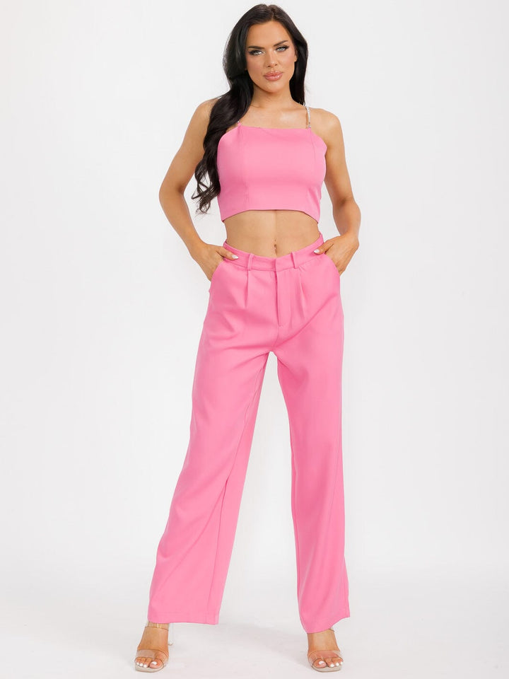 WOMEN'S SLEEVELESS CROP TOP & BUTTON CLOSURE PANTS SATIN 2PC. SET