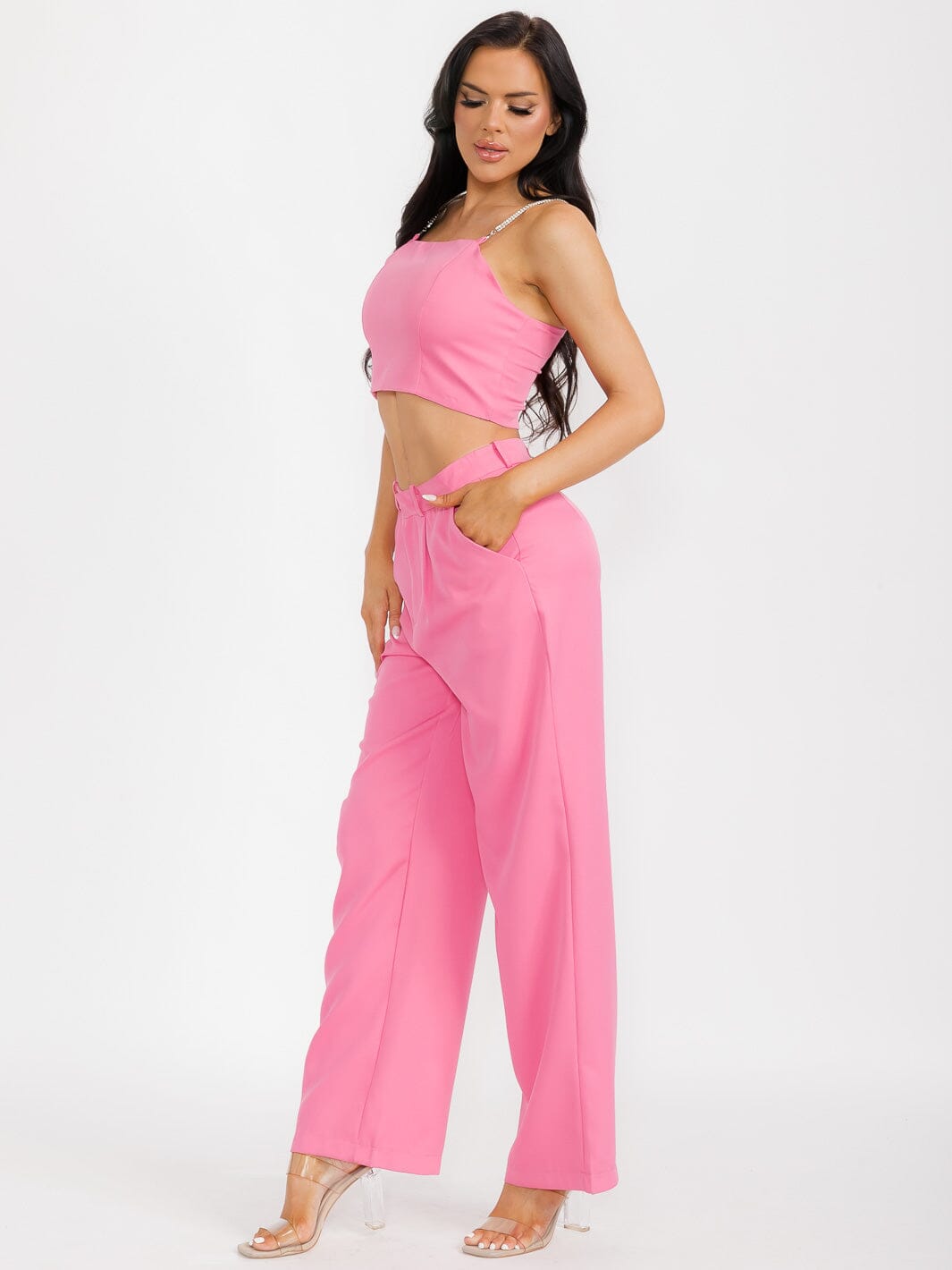 WOMEN'S SLEEVELESS CROP TOP & BUTTON CLOSURE PANTS SATIN 2PC. SET