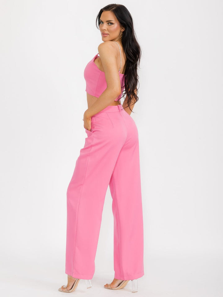 WOMEN'S SLEEVELESS CROP TOP & BUTTON CLOSURE PANTS SATIN 2PC. SET