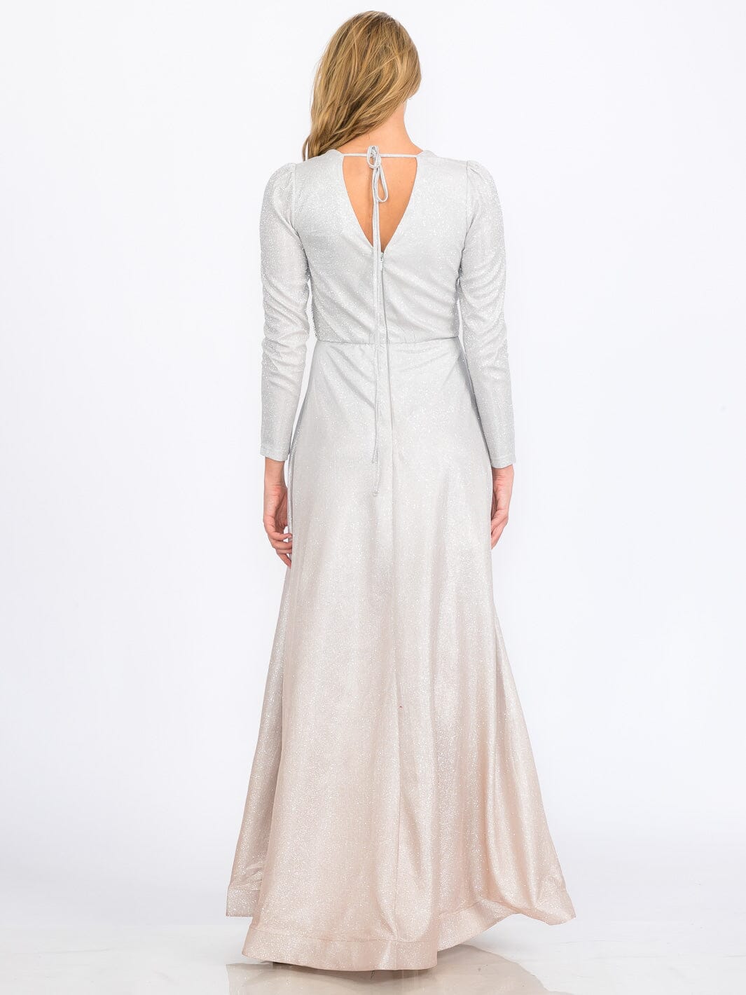 WOMEN'S LONG SLEEVES V-NECK WAIST DETAILED COLORBLOCK SEQUINS MAXI DRESS