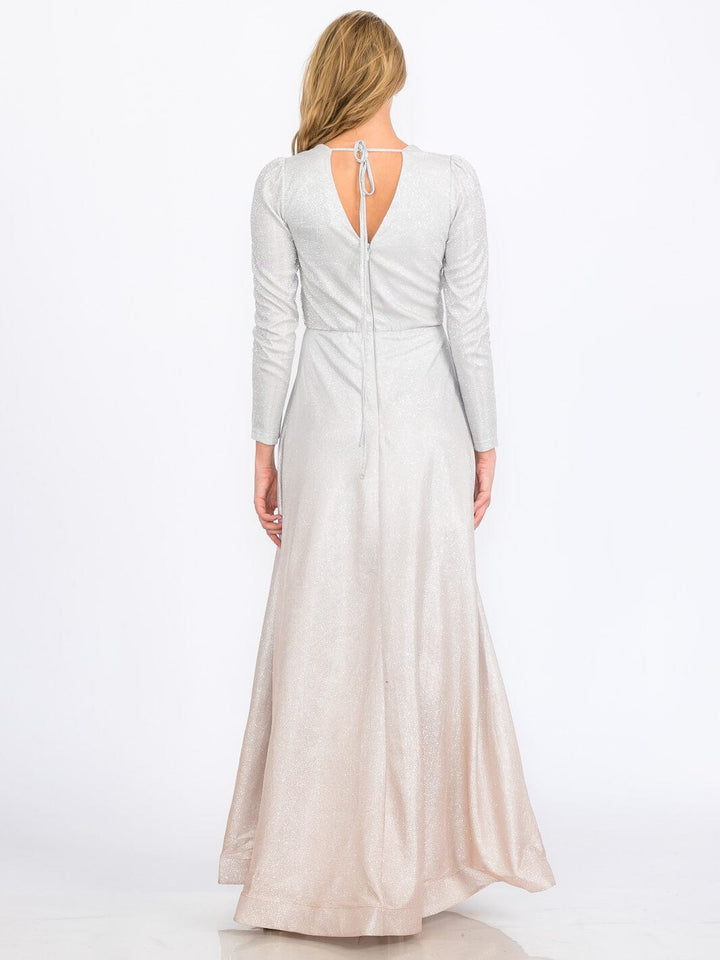 WOMEN'S LONG SLEEVES V-NECK WAIST DETAILED COLORBLOCK SEQUINS MAXI DRESS