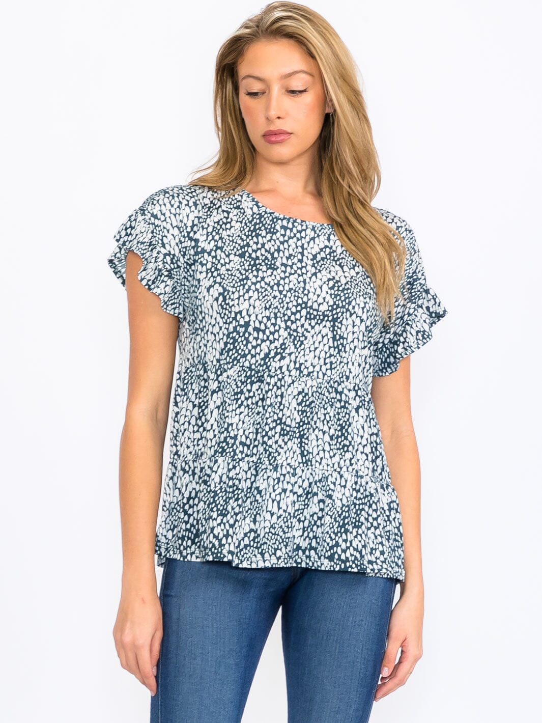WOMEN'S SHORT SLEEVE TIERED ANIMAL PRINT BLOUSE TOP