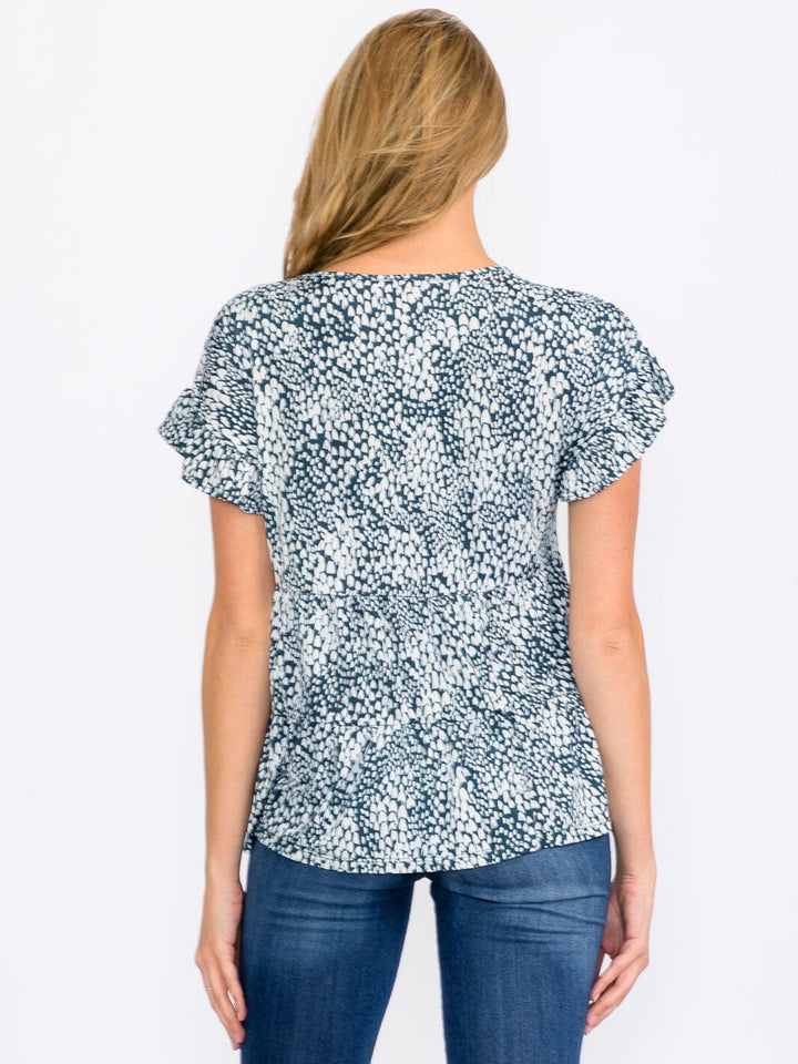 WOMEN'S SHORT SLEEVE TIERED ANIMAL PRINT BLOUSE TOP