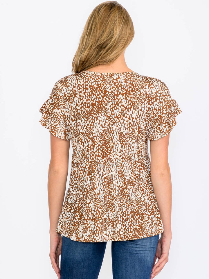 WOMEN'S SHORT SLEEVE TIERED ANIMAL PRINT BLOUSE TOP