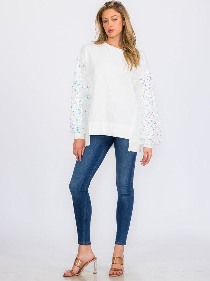 WOMEN'S LONG SEQUINS SLEEVES PULLOVER HIGH-LOW SWEATER