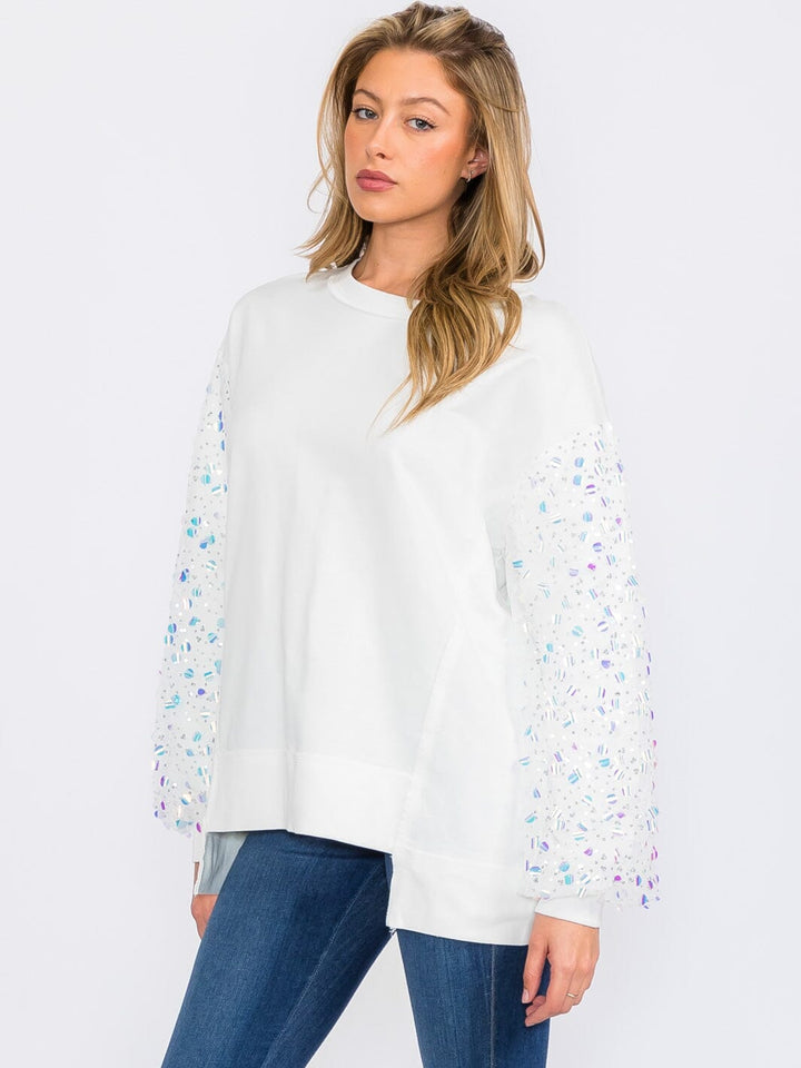 WOMEN'S LONG SEQUINS SLEEVES PULLOVER HIGH-LOW SWEATER