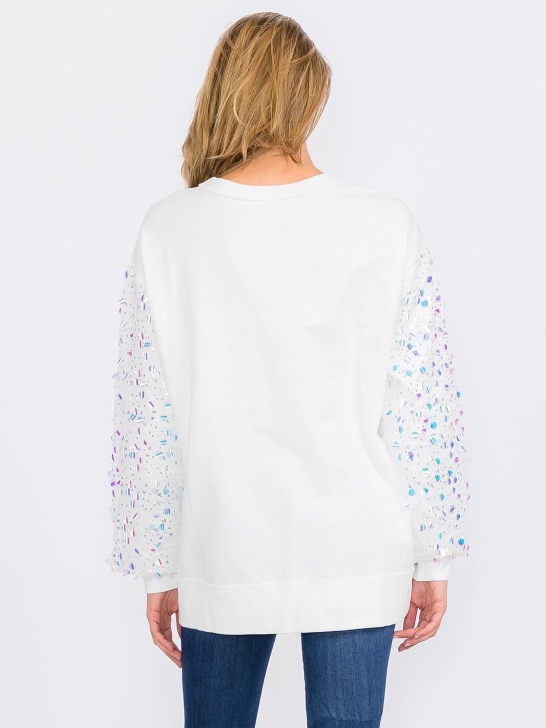 WOMEN'S LONG SEQUINS SLEEVES PULLOVER HIGH-LOW SWEATER