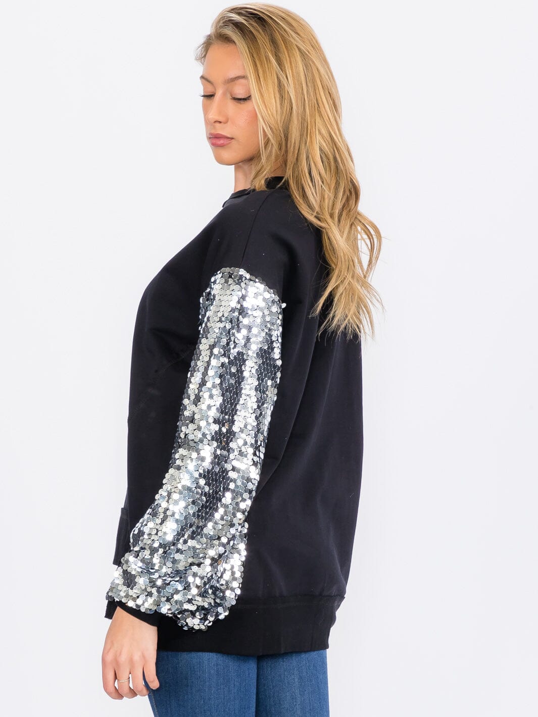WOMEN'S LONG SEQUINS SLEEVES PULLOVER HIGH-LOW SWEATER