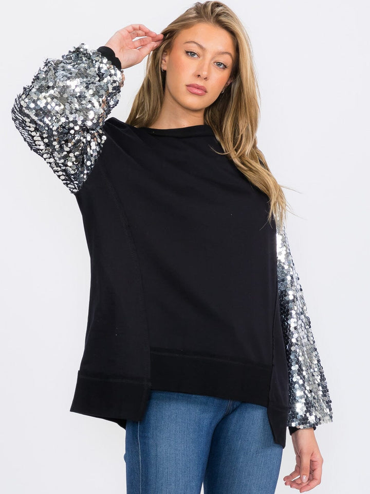 WOMEN'S LONG SEQUINS SLEEVES PULLOVER HIGH-LOW SWEATER