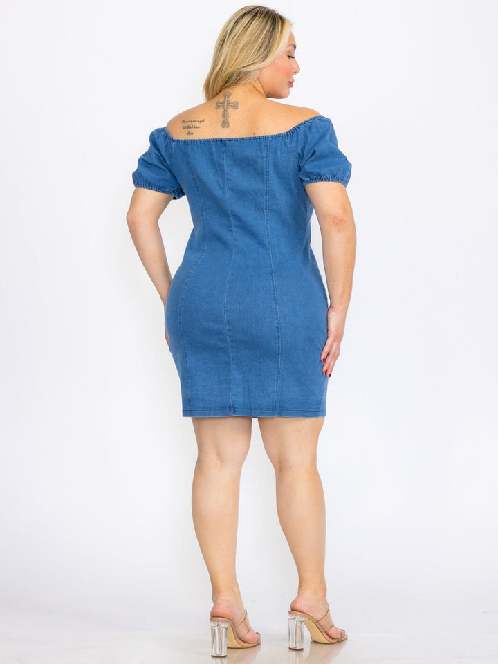 PLUS SIZE SHORT SLEEVE BUTTON CLOSURE BODYCON DENIM MINI DRESS