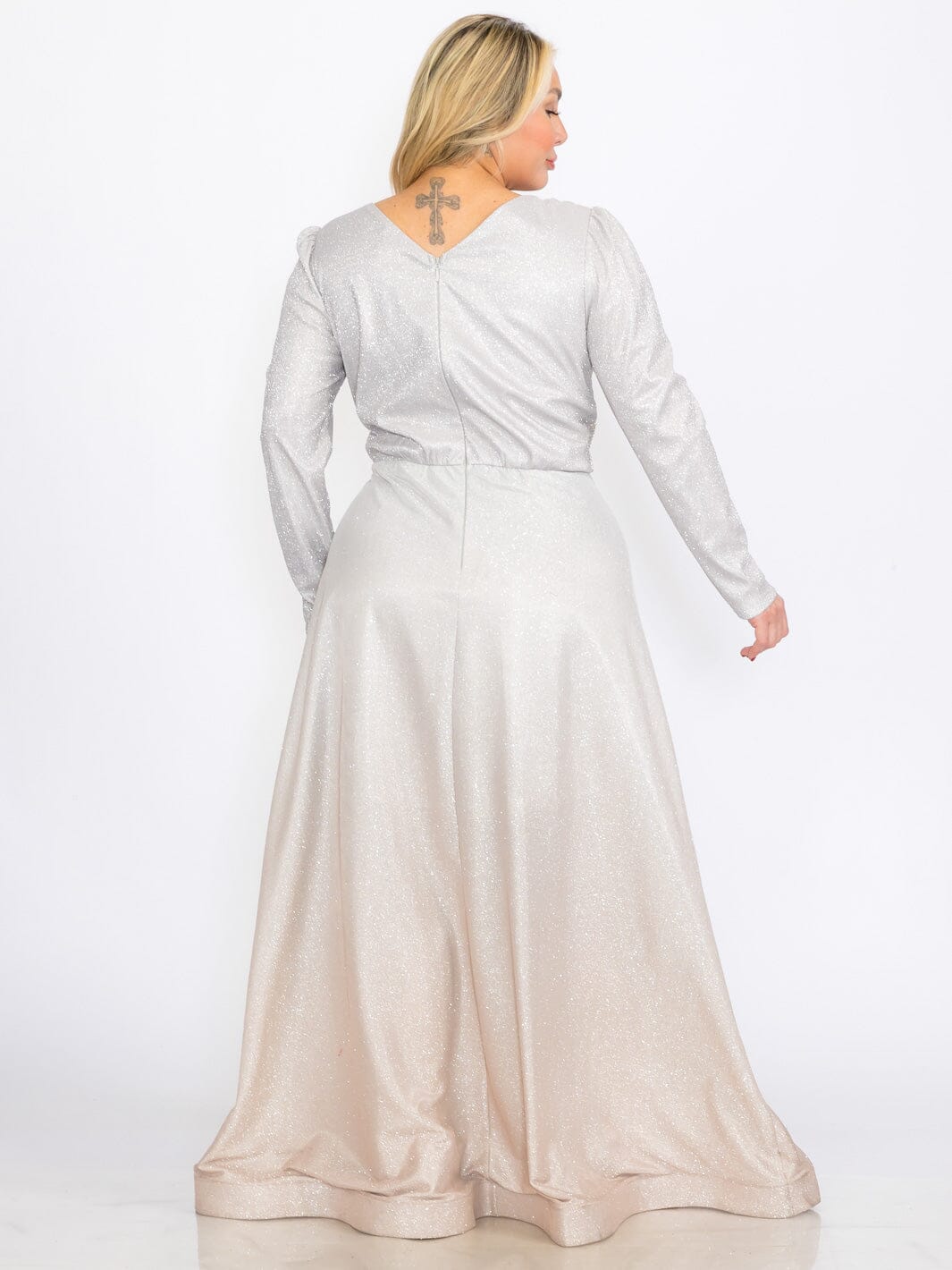 PLUS SIZE LONG SLEEVES V-NECK WAIST DETAILED COLORBLOCK SEQUINS MAXI DRESS