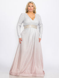 PLUS SIZE LONG SLEEVES V-NECK WAIST DETAILED COLORBLOCK SEQUINS MAXI DRESS