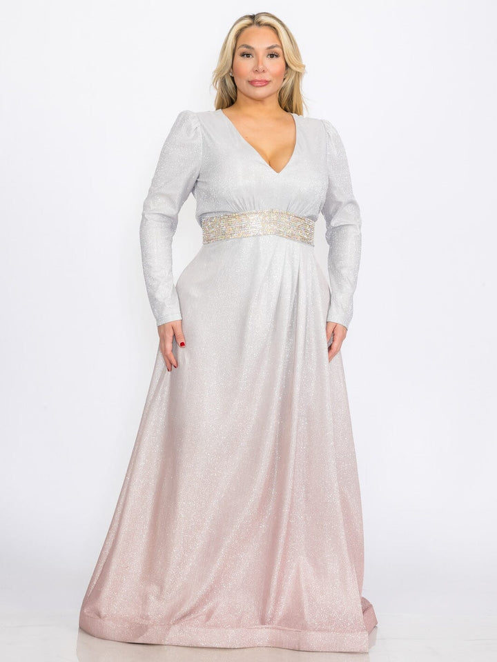 PLUS SIZE LONG SLEEVES V-NECK WAIST DETAILED COLORBLOCK SEQUINS MAXI DRESS