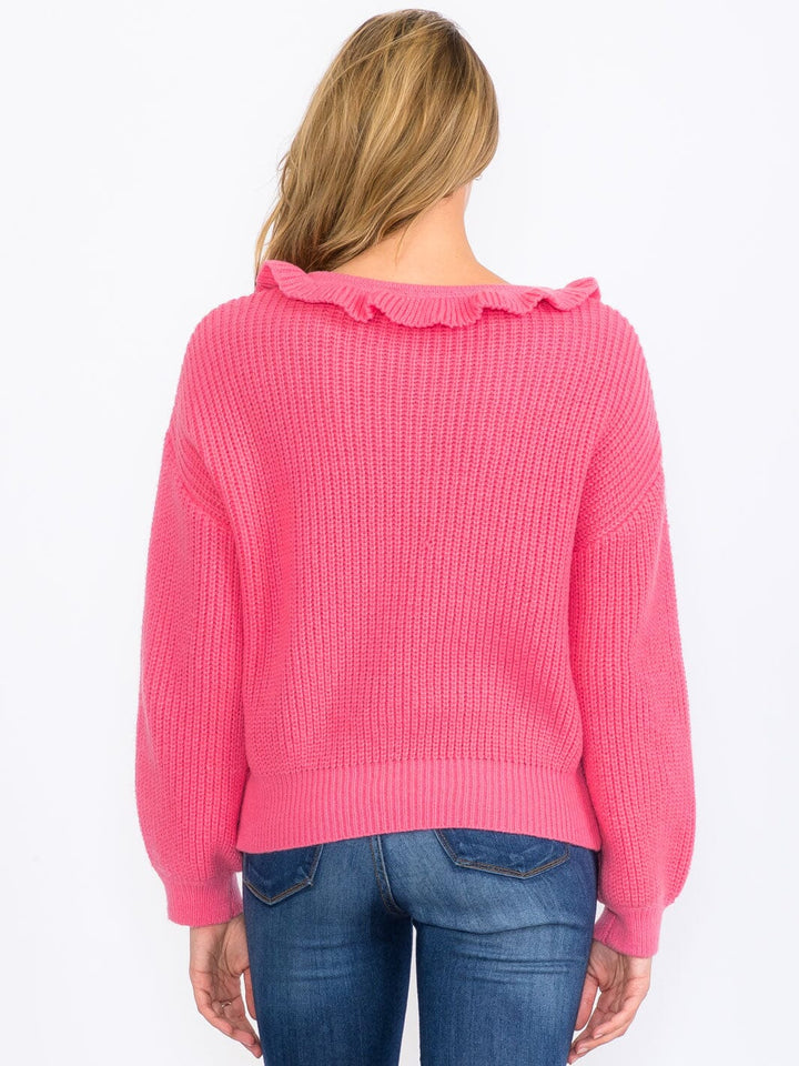WOMEN'S LONG SLEEVES RUFFLE PEARL KNIT PULLOVER SWEATER