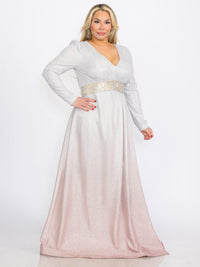 PLUS SIZE LONG SLEEVES V-NECK WAIST DETAILED COLORBLOCK SEQUINS MAXI DRESS