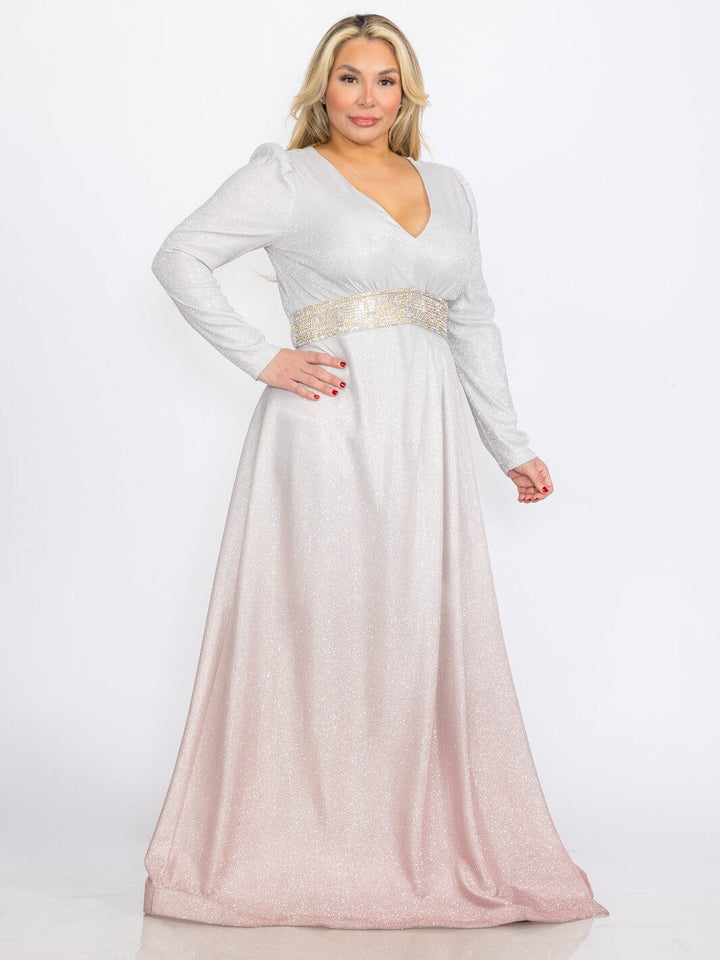 PLUS SIZE LONG SLEEVES V-NECK WAIST DETAILED COLORBLOCK SEQUINS MAXI DRESS