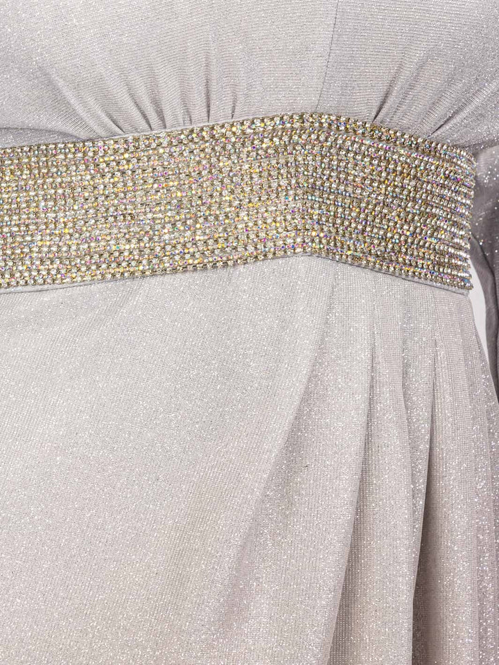 PLUS SIZE LONG SLEEVES V-NECK WAIST DETAILED COLORBLOCK SEQUINS MAXI DRESS