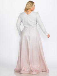 PLUS SIZE LONG SLEEVES V-NECK WAIST DETAILED COLORBLOCK SEQUINS MAXI DRESS