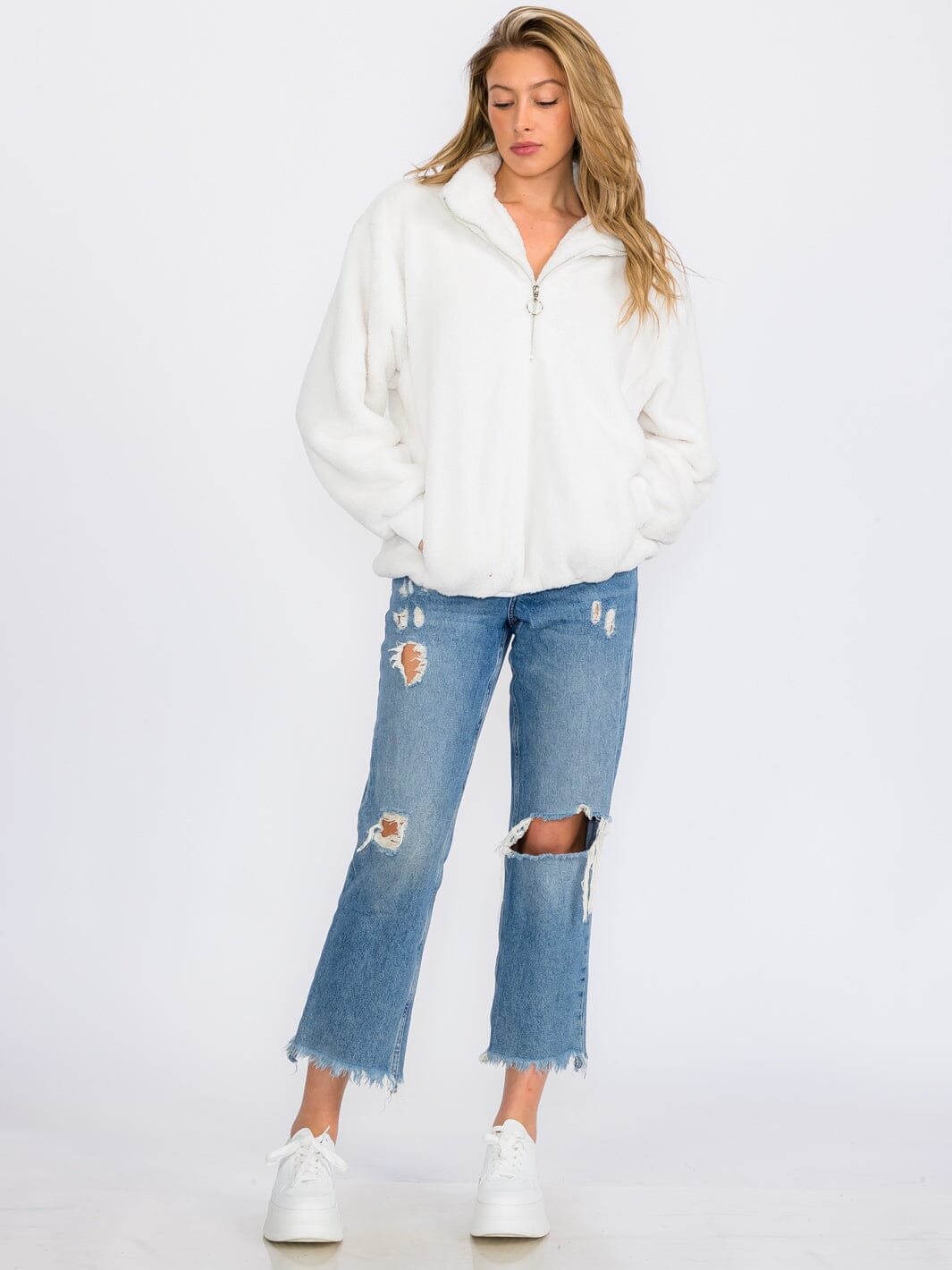 WOMEN'S LONG SLEEVE ZIP UP FRONT POCKETS SHERPA PULLOVER SWEATER