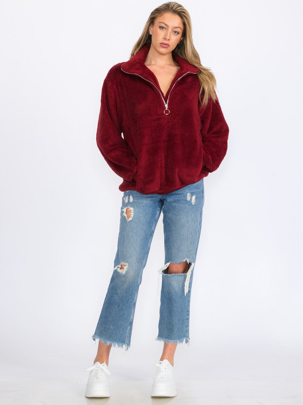 WOMEN'S LONG SLEEVE ZIP UP FRONT POCKETS SHERPA PULLOVER SWEATER
