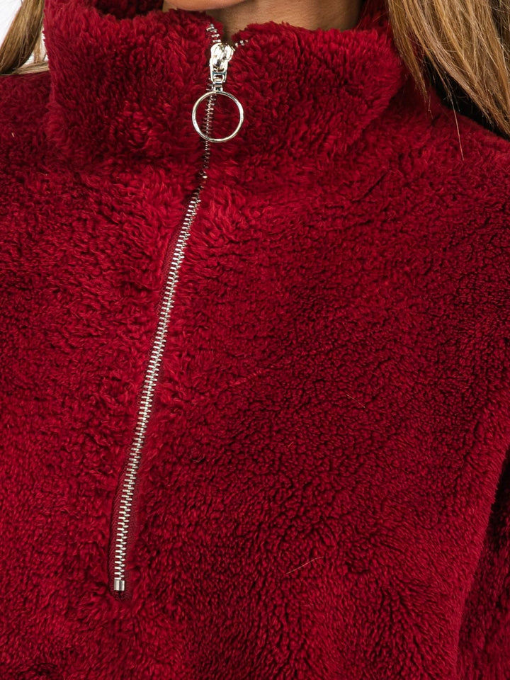 WOMEN'S LONG SLEEVE ZIP UP FRONT POCKETS SHERPA PULLOVER SWEATER
