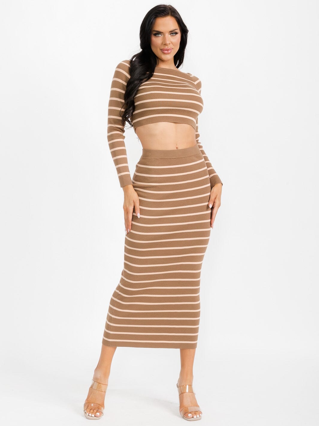 WOMEN'S LONG SLEEVE CROP TOP & ELASTIC WAIST MAXI SKIRT STRIPES 2PC. SET