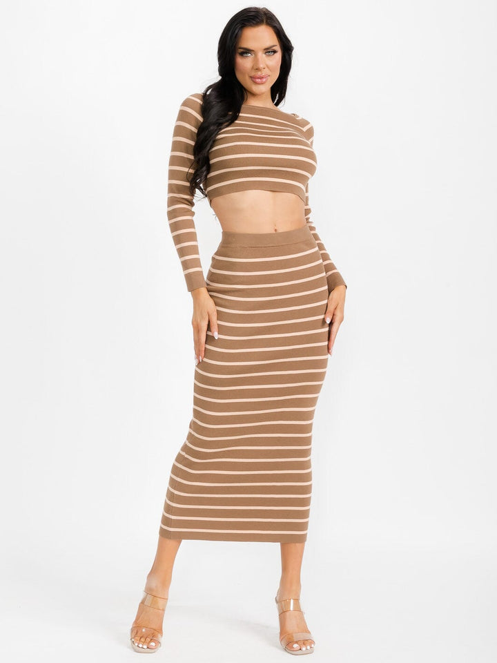WOMEN'S LONG SLEEVE CROP TOP & ELASTIC WAIST MAXI SKIRT STRIPES 2PC. SET