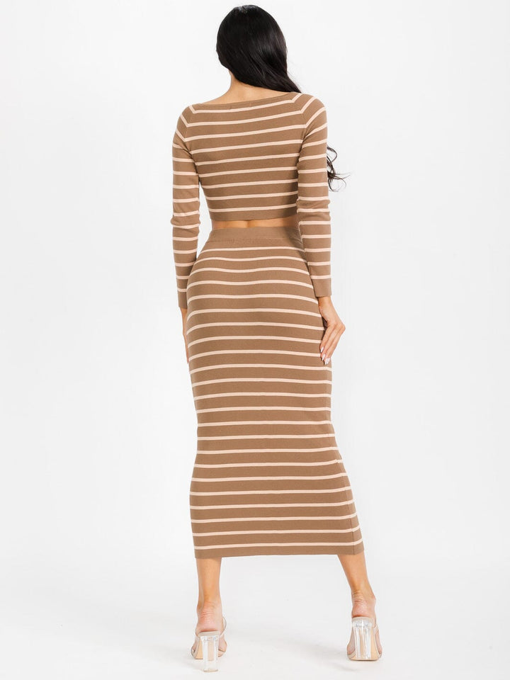 WOMEN'S LONG SLEEVE CROP TOP & ELASTIC WAIST MAXI SKIRT STRIPES 2PC. SET