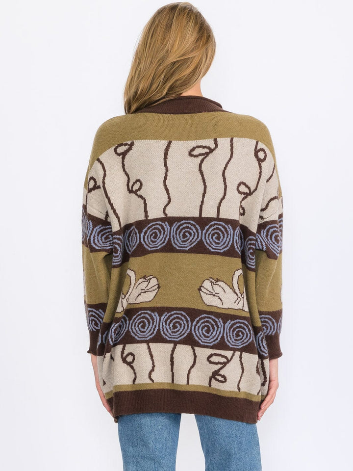 WOMEN'S LONG SLEEVES V-NECK PULLOVER COLORBLOCK MULTI PRINT SWEATER