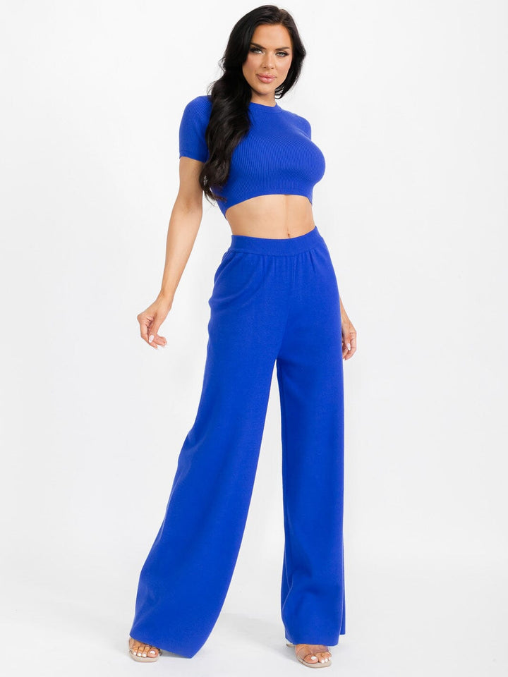 WOMEN'S SHORT SLEEVE CROP TOP & ELASTIC WAIST PANTS RIBBED 2PC. SET