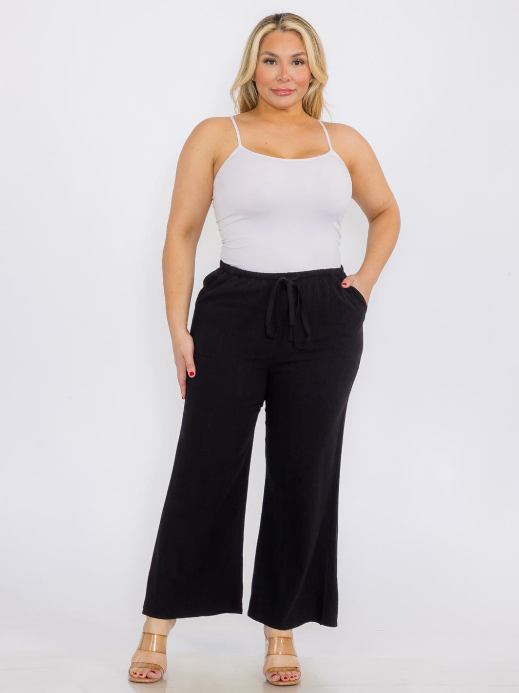 PLUS SIZE ELASTIC WAIST FRONT POCKETS WIDE LEG LINEN PANTS
