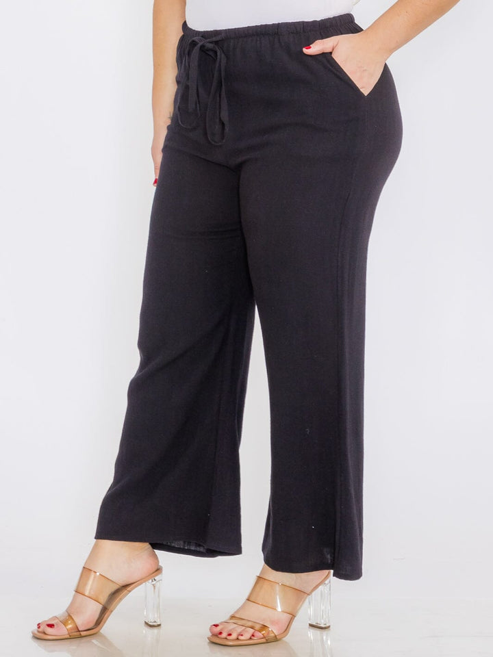 PLUS SIZE ELASTIC WAIST FRONT POCKETS WIDE LEG LINEN PANTS