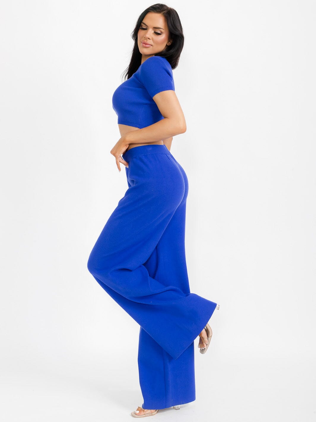 WOMEN'S SHORT SLEEVE CROP TOP & ELASTIC WAIST PANTS RIBBED 2PC. SET