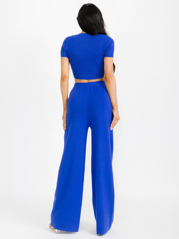 WOMEN'S SHORT SLEEVE CROP TOP & ELASTIC WAIST PANTS RIBBED 2PC. SET